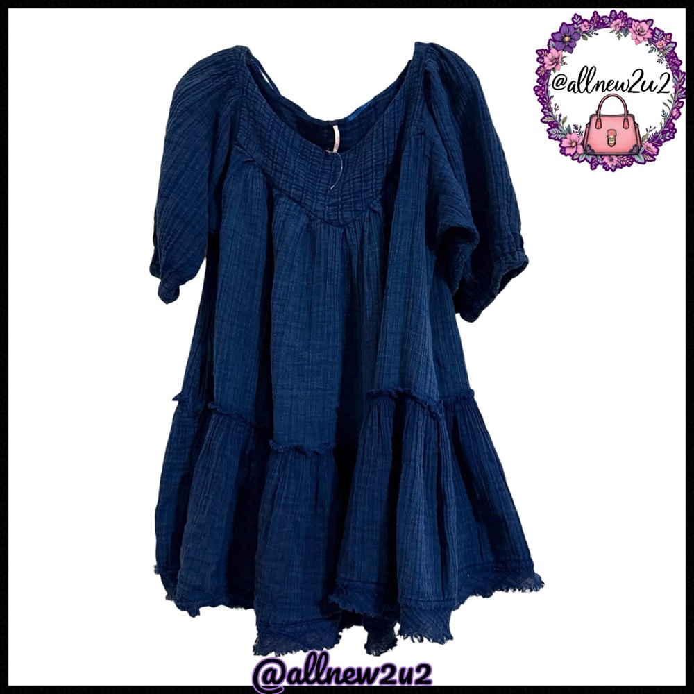 Free People Denim Distressed Blue Smocked Mini Dress Tunic Cotton - Picture 4 of 16